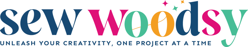 Logo with bright colors that says "sew woodsy"